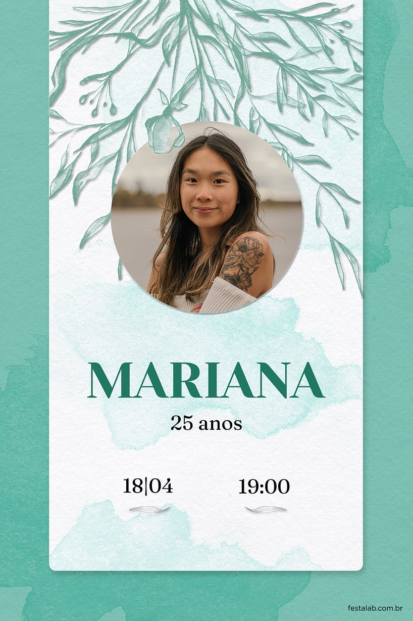Modelo de Convite de Aniversario Adulto - Flores aquarela verde Criar convite de aniversário - Flores aquarela verde| FestaLab