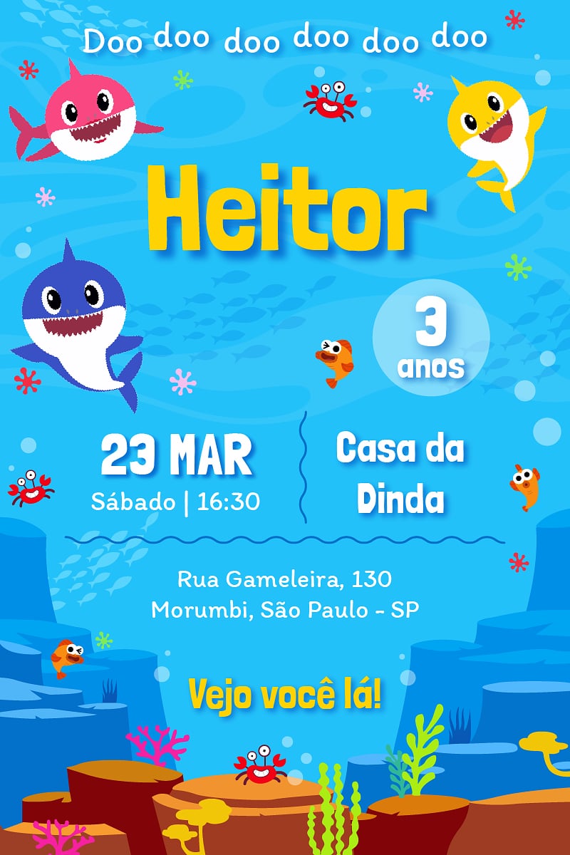 Modelo de Convite de Aniversario - Baby Shark Criar convite de aniversário - Baby Shark| FestaLab