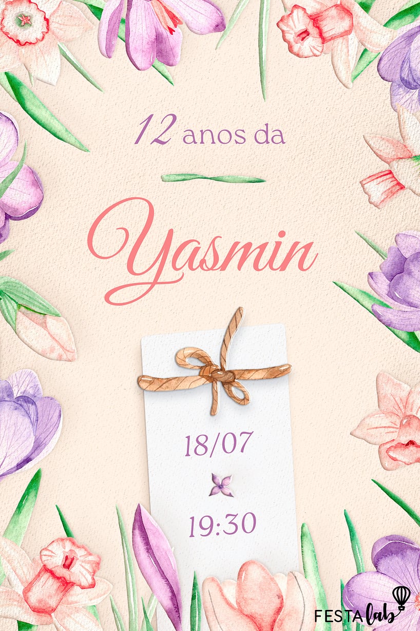 Modelo de Convite de Aniversario - Bilhete com flores Criar convite de aniversário - Bilhete com flores| FestaLab