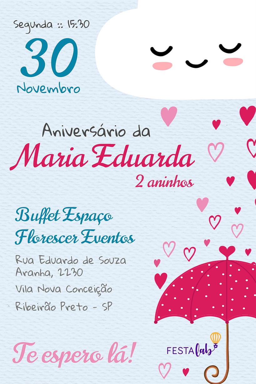 Modelo de Convite de Aniversario - Chuva de Amor Criar convite de aniversário - Chuva de Amor| FestaLab