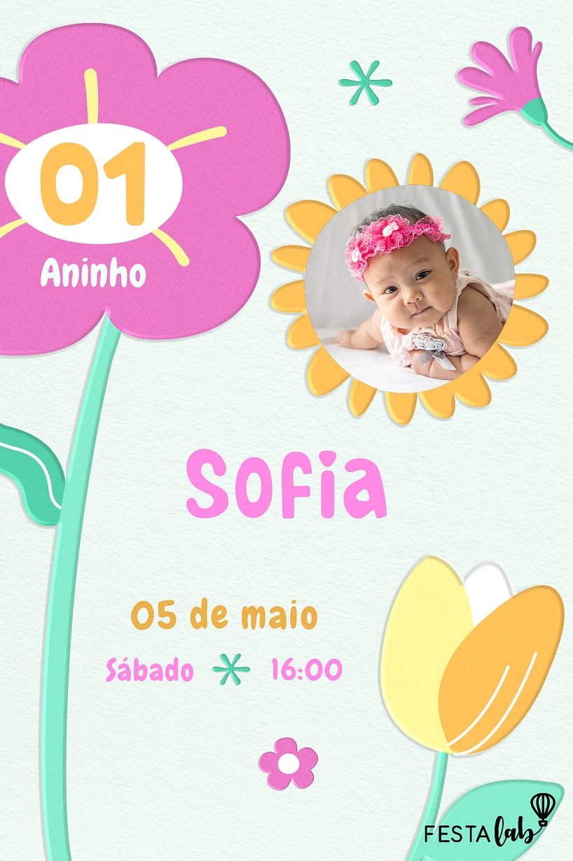 Modelo de Convite de Aniversario - Florzinhas Coloridas Criar convite de aniversário - Florzinhas Coloridas| FestaLab