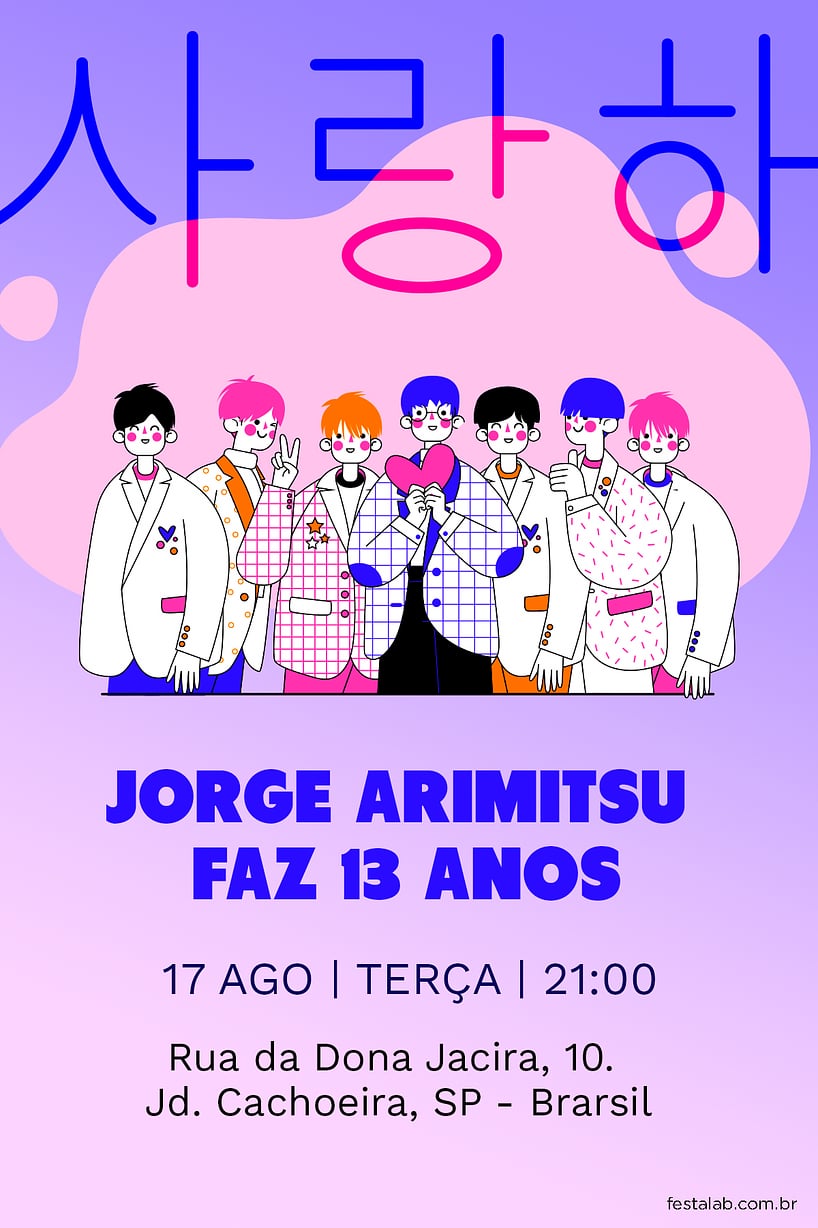 Modelo de Convite de Aniversario - K-POP BTS Criar convite de aniversário - K-POP BTS| FestaLab