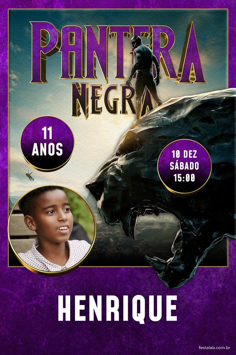 Modelo de Convite de Aniversario - Heranca de Wakanda: Roxo Criar convite de aniversário - Herança de Wakanda: Roxo| FestaLab
