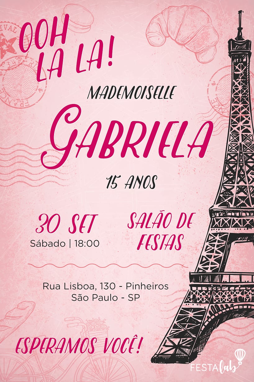 Modelo de Convite de Aniversario - Paris Rosa Criar convite de aniversário - Paris Rosa| FestaLab