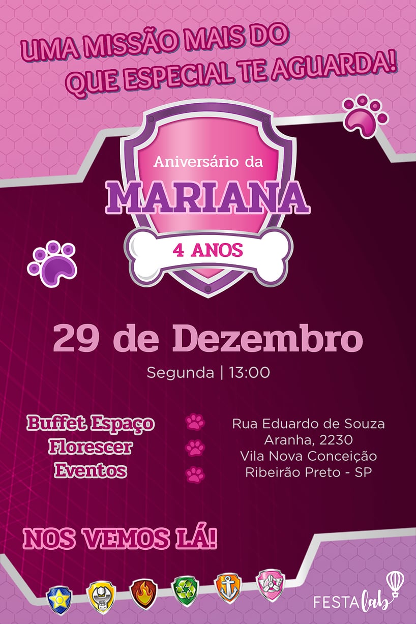 Modelo de Convite de Aniversario - Patrulha Canina - Rosa Criar convite de aniversário - Patrulha Canina - Rosa| FestaLab