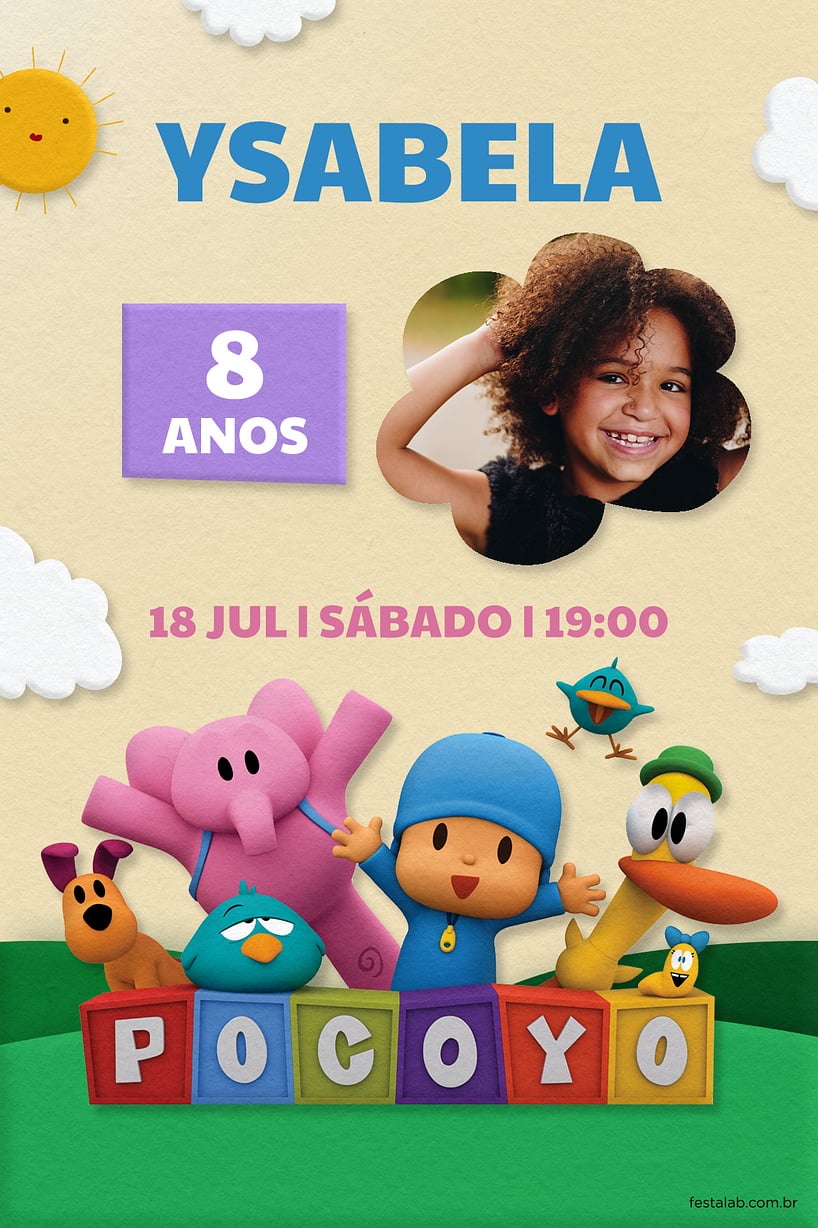 Modelo de Convite de Aniversario - Pocoyo e seus Amigos Amarelo Criar convite de aniversário - Pocoyo e seus Amigos Amarelo| FestaLab