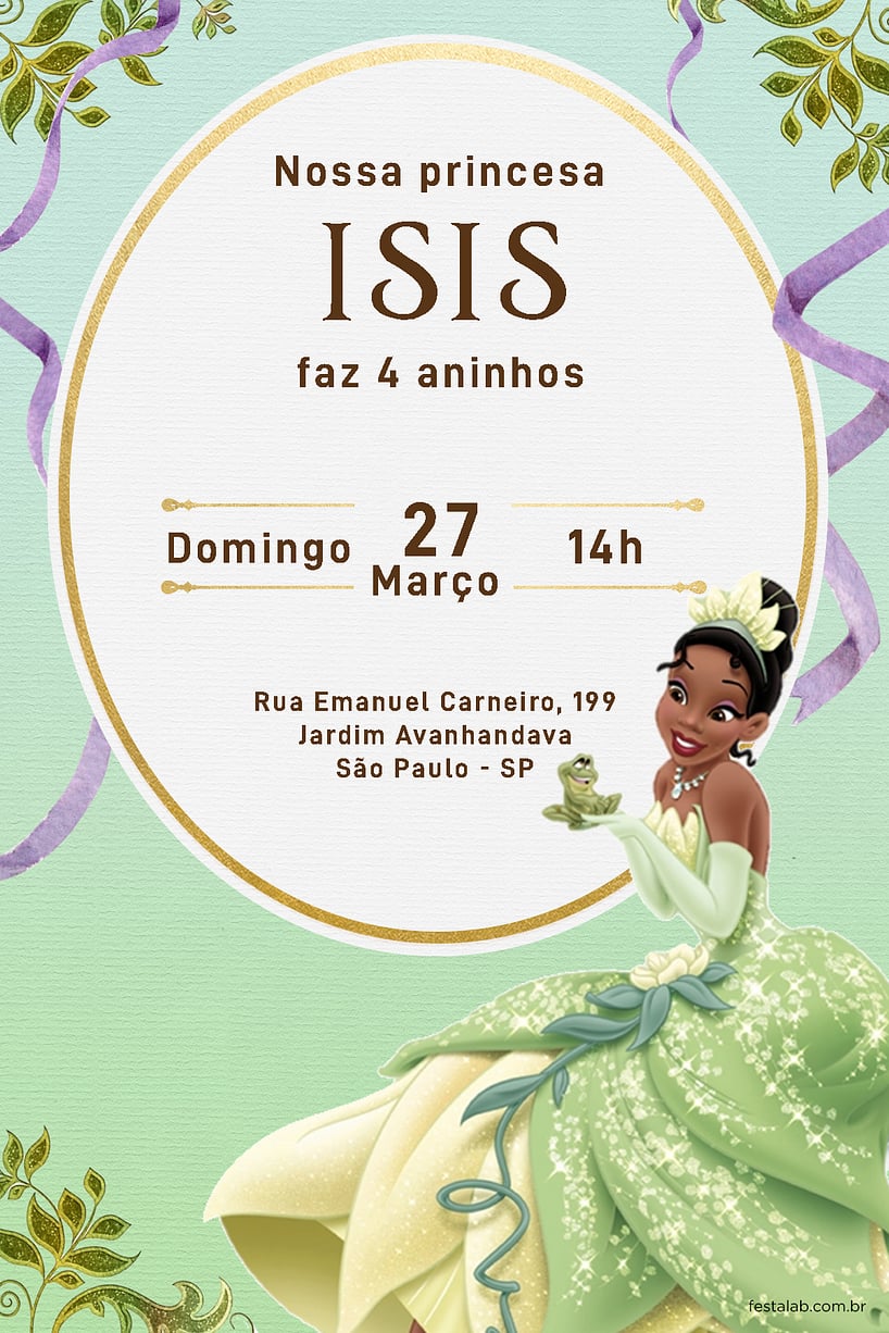 Modelo de Convite de Aniversario - Princesa Tiana Criar convite de aniversário - Princesa Tiana| FestaLab