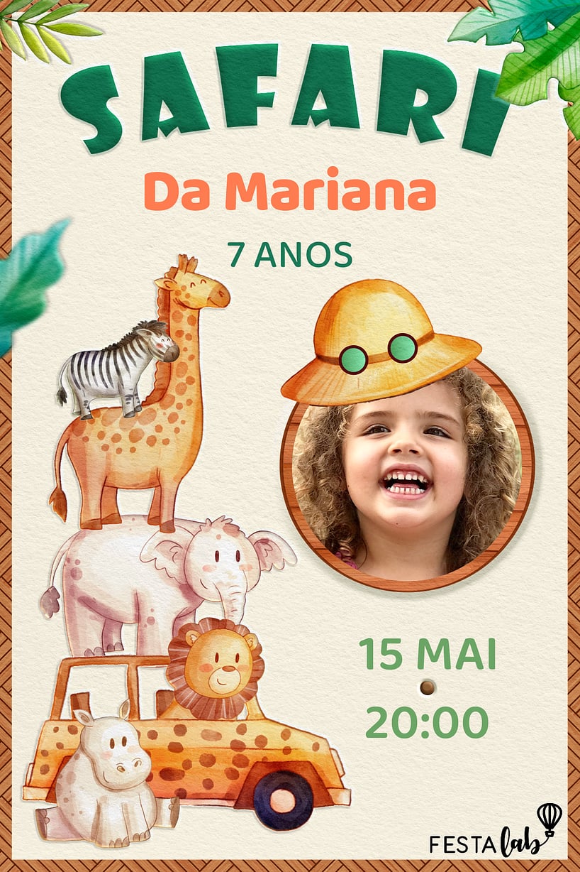 Modelo de Convite de Aniversario - Safari Divertido Criar convite de aniversário - Safari Divertido| FestaLab