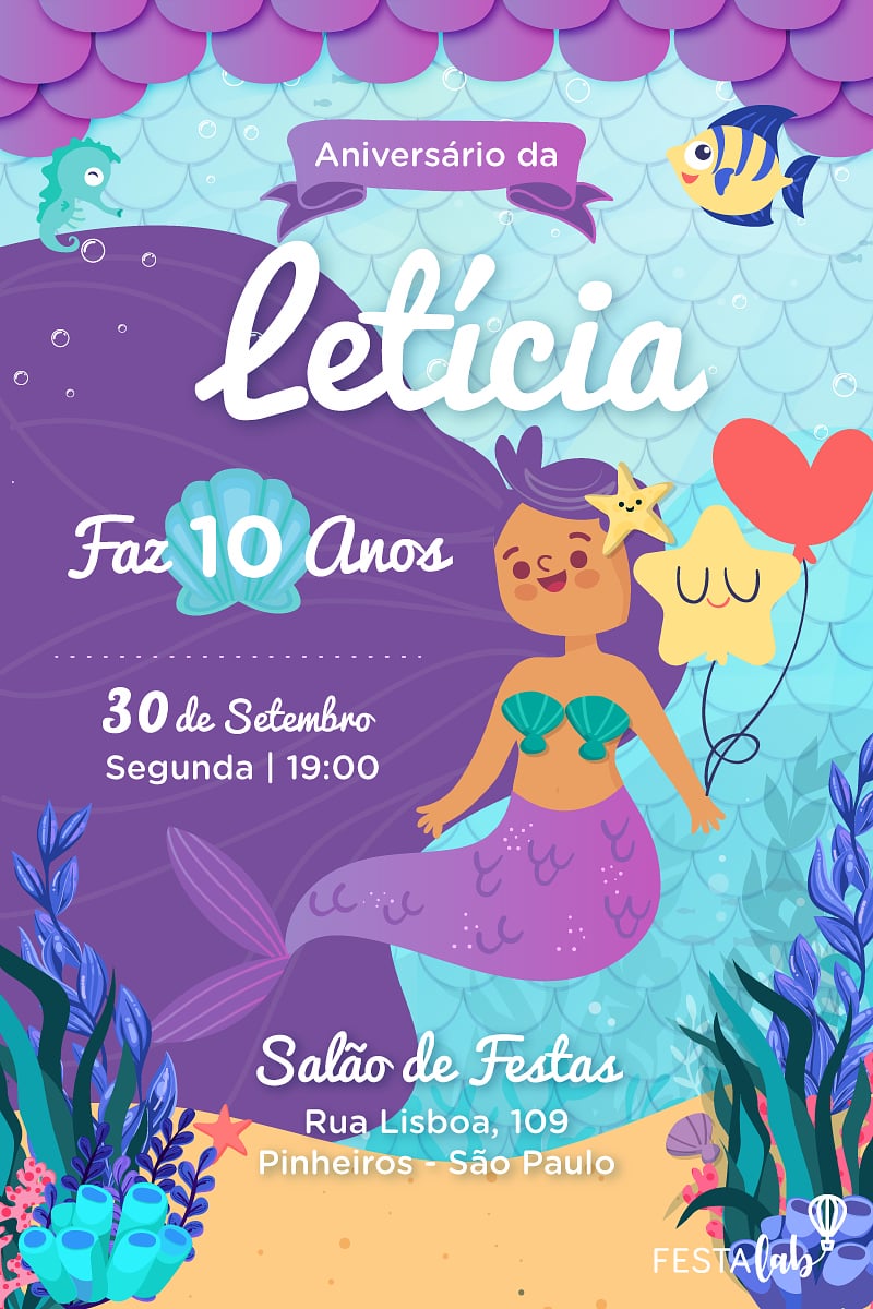 Modelo de Convite de Aniversario - Sereia Criar convite de aniversário - Sereia| FestaLab