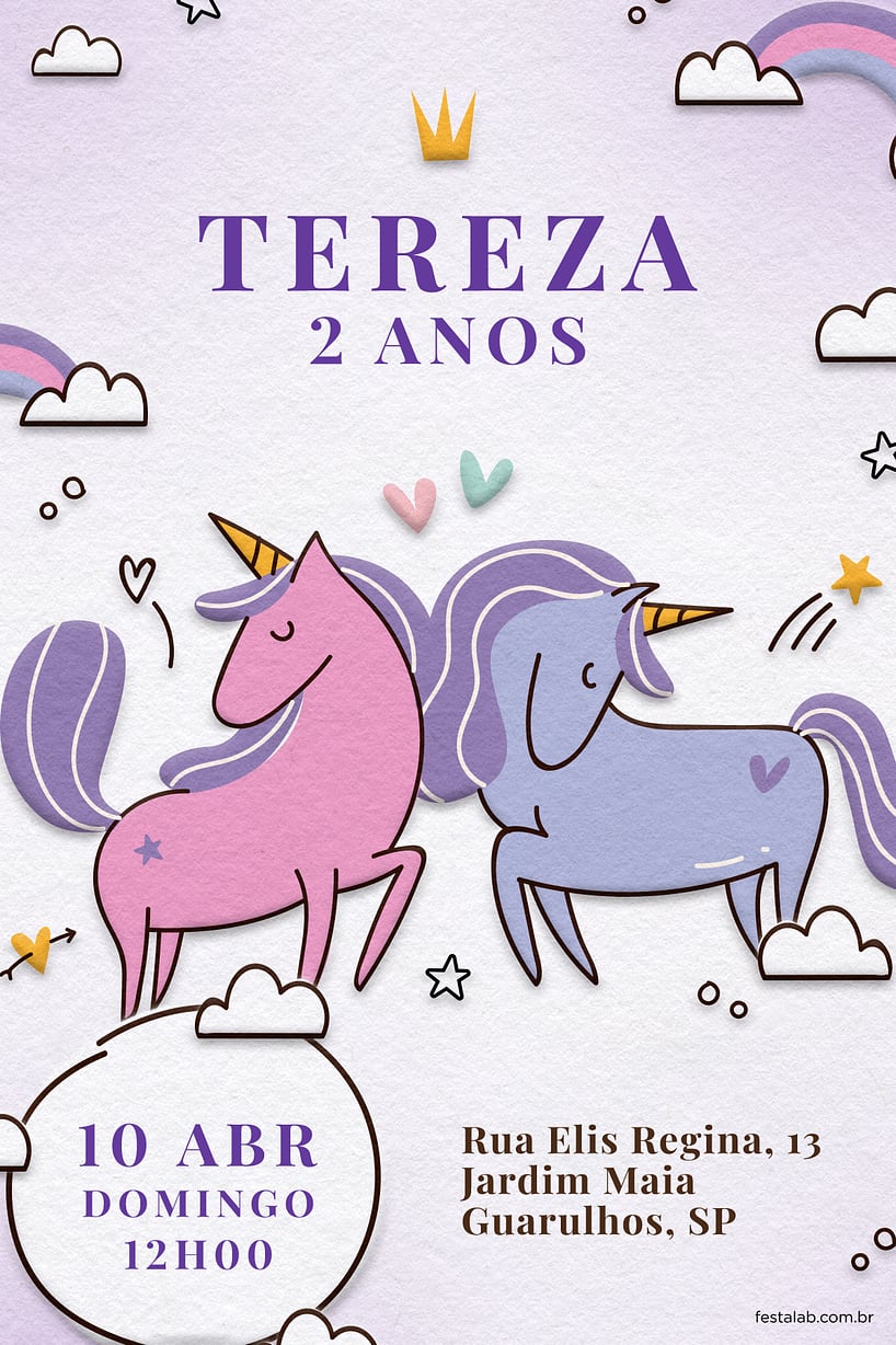 Modelo de Convite de Aniversario - Unicornio Lilas Criar convite de aniversário - Unicornio Lilás| FestaLab