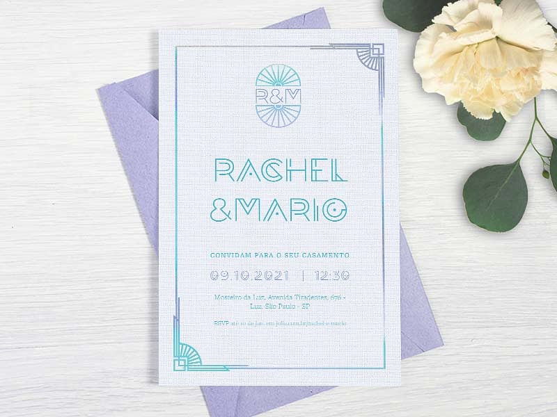 Modelo de Convite de Casamento - Art Deco Azul Lilas Crie seu convite de casamento - Art Deco Azul Lilás| FestaLab