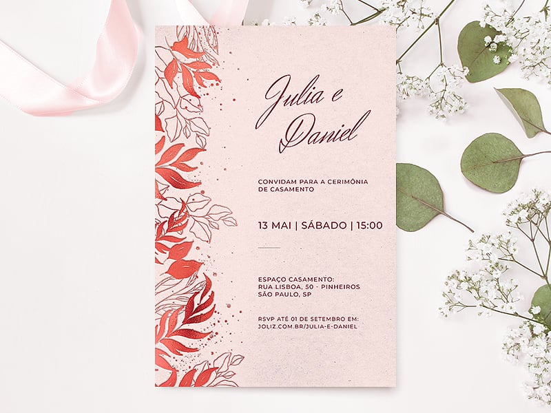 Modelo de Convite de Casamento - Folhas minimalistas vermelho Crie seu convite de casamento - Folhas minimalistas vermelho| FestaLab