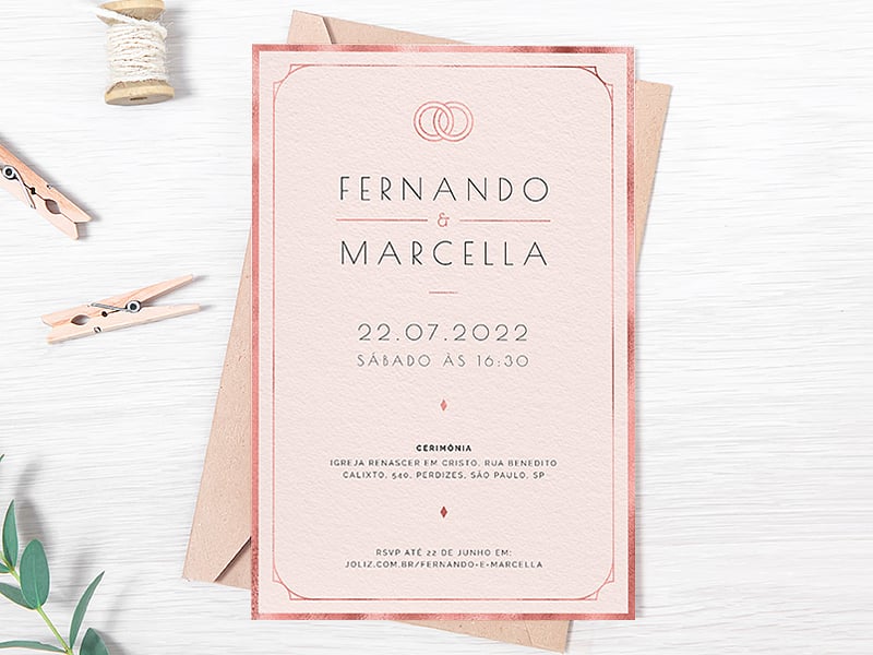 Modelo de Convite de Casamento - Minimalista Rose Gold Crie seu convite de casamento - Minimalista Rose Gold| FestaLab