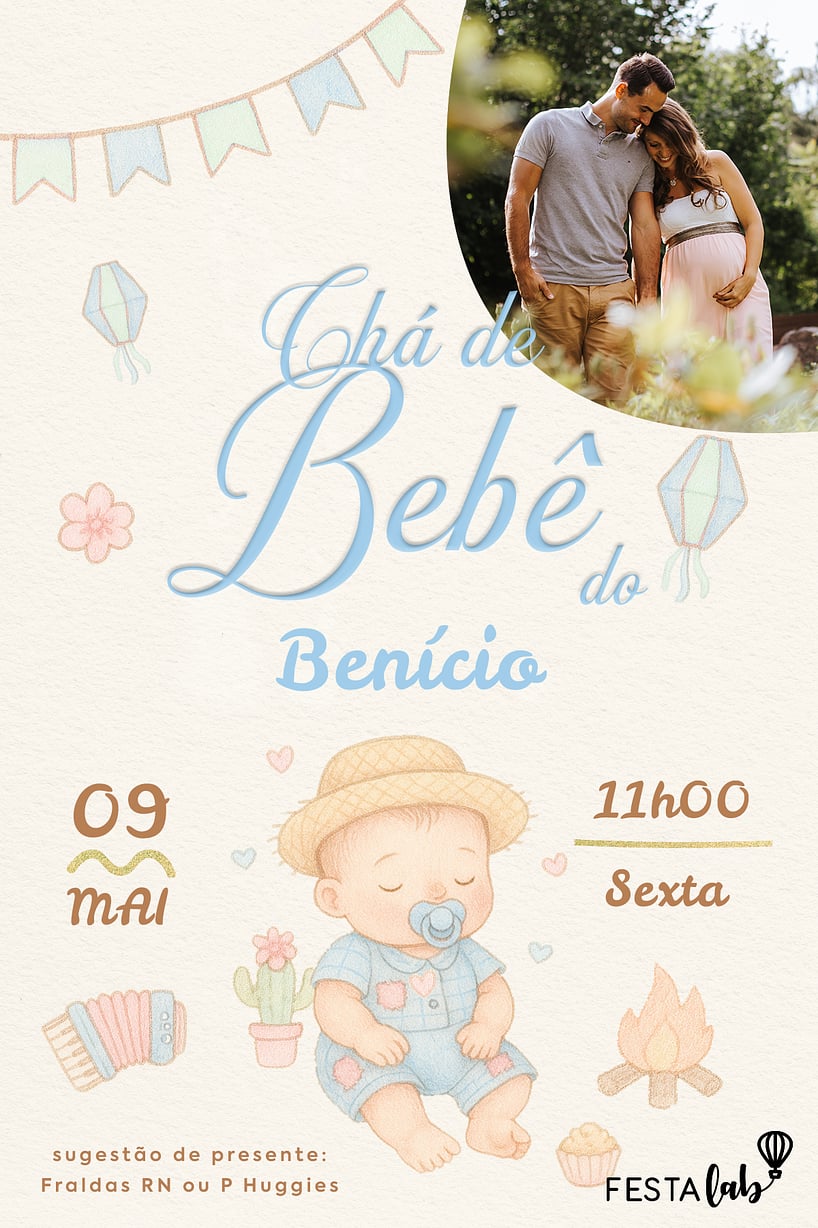 Criar convite de Chá de bebê - Arraiá de Doçura Azul| FestaLab