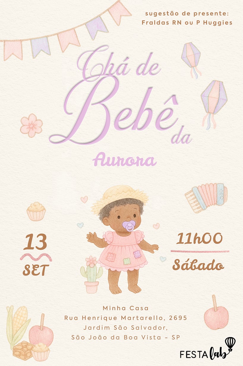 Criar convite de Chá de bebê - Arraiá de Doçura Lilás| FestaLab