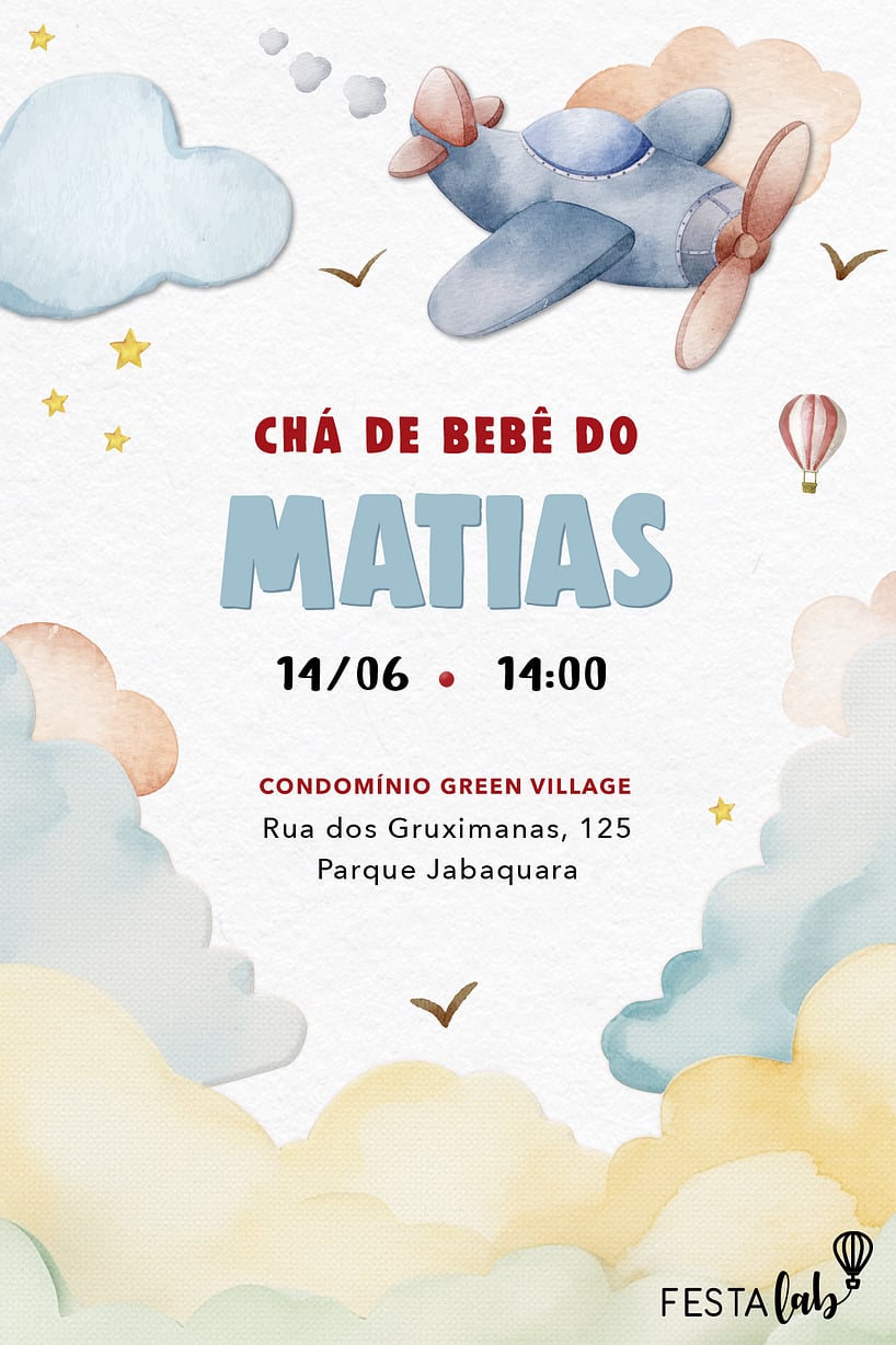 Modelo de Convite de Cha de bebe - Aviaozinho aquarela delicado Criar convite de Chá de bebê - Aviãozinho aquarela delicado| FestaLab