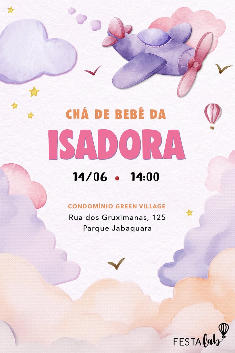 Modelo de Convite de Cha de bebe - Aviaozinho rosa aquarelado Criar convite de Chá de bebê - Aviãozinho rosa aquarelado| FestaLab