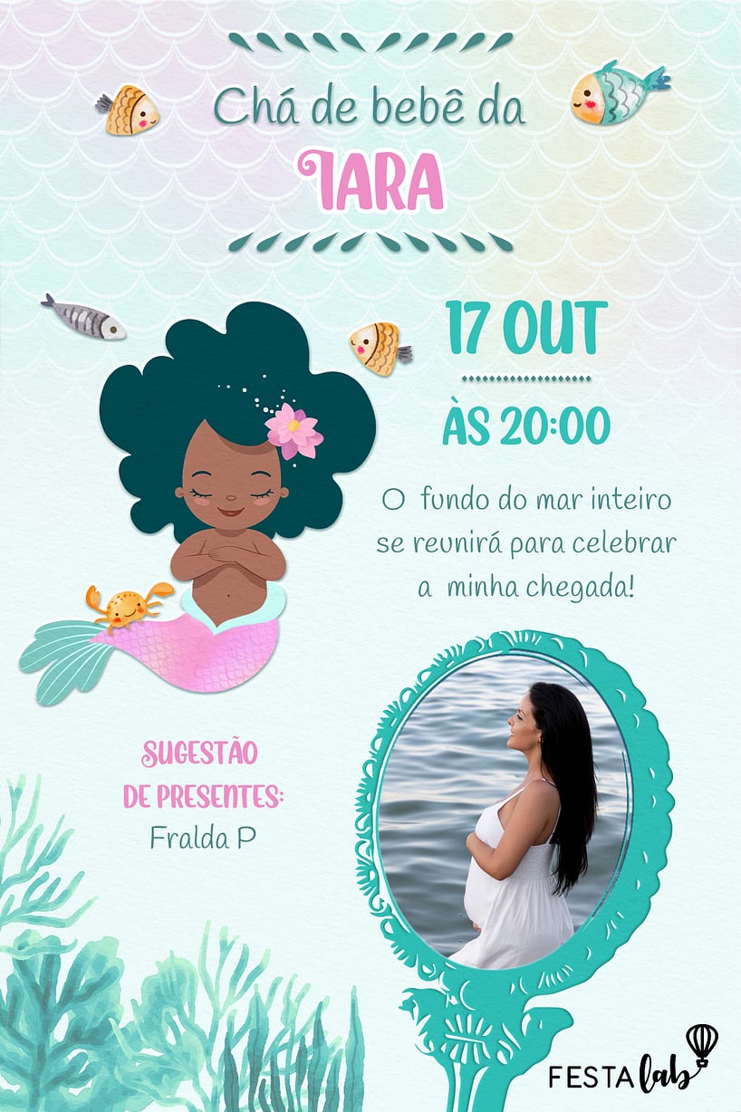 Modelo de Convite de Cha de bebe - Bebe Sereia Delicada Criar convite de Chá de bebê - Bebê Sereia Delicada| FestaLab