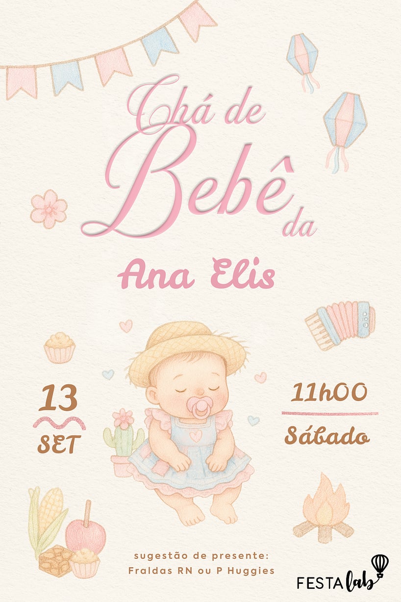 Criar convite de Chá de bebê - Arraiá de Doçura| FestaLab