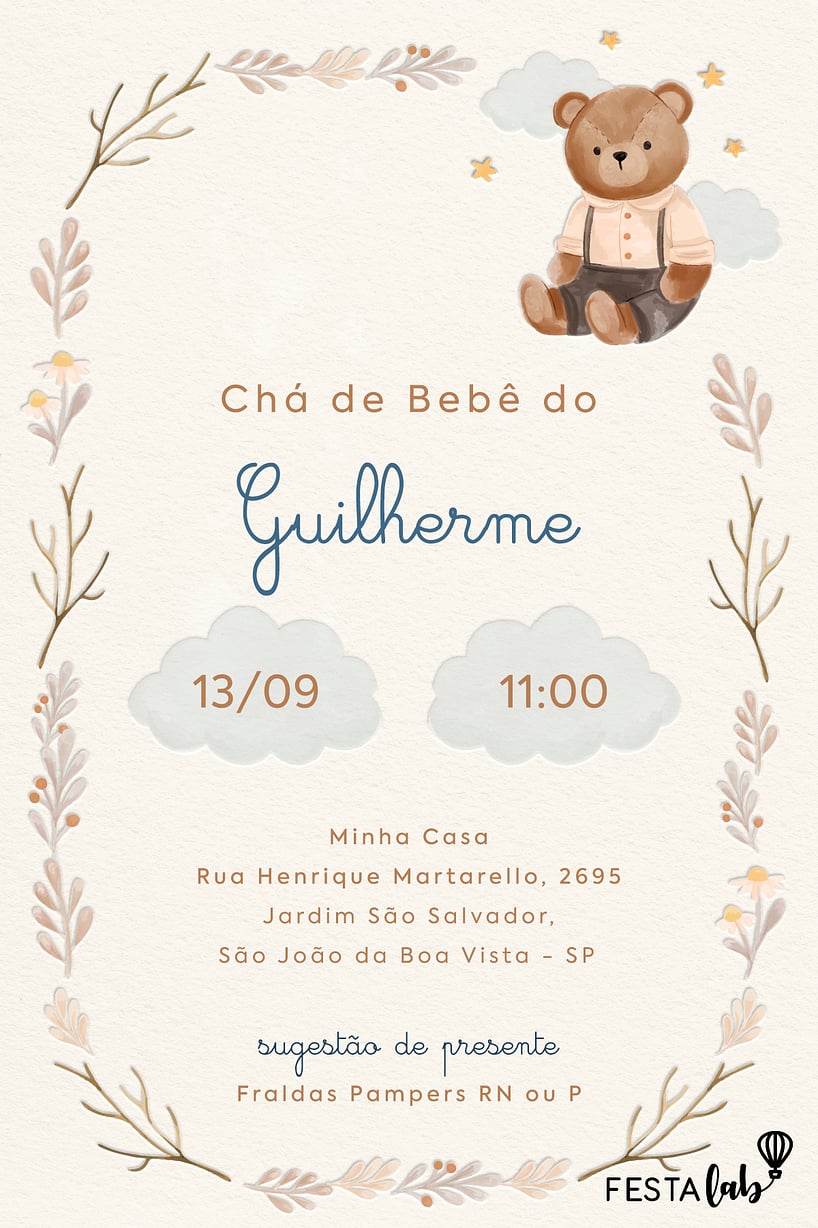 Modelo de Convite de Cha de bebe - Cha Encantado dos Ursinhos Criar convite de Chá de bebê - Chá Encantado dos Ursinhos| FestaLab