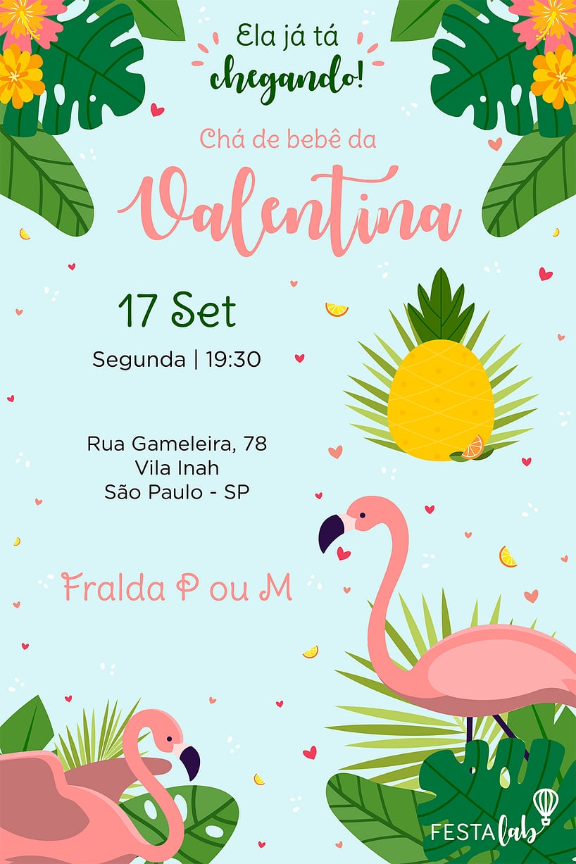 Modelo de Convite de Cha de bebe - Flamingo Criar convite de Chá de bebê - Flamingo| FestaLab