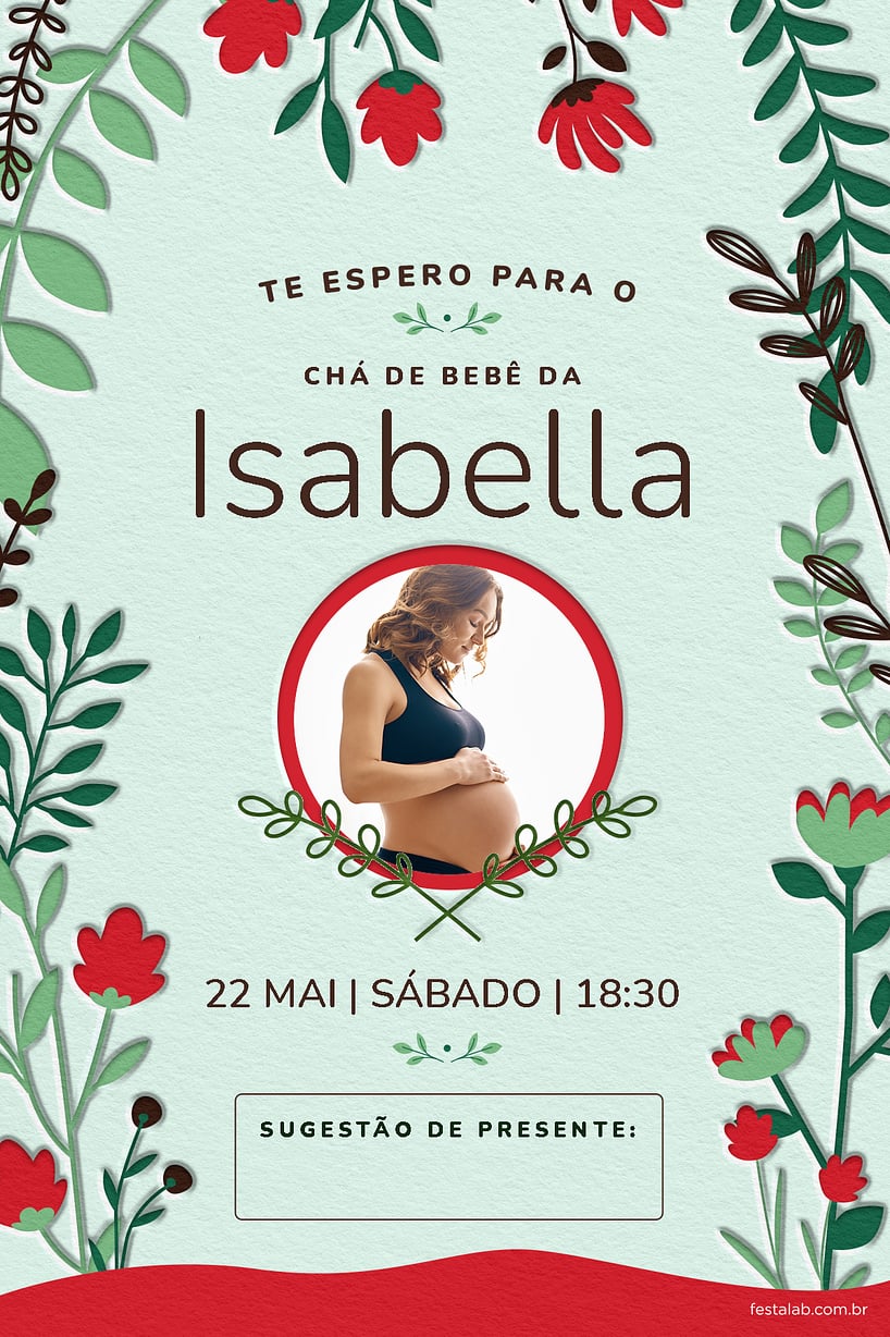 Modelo de Convite de Cha de bebe - Floral verde e vermelho Criar convite de Chá de bebê - Floral verde e vermelho| FestaLab