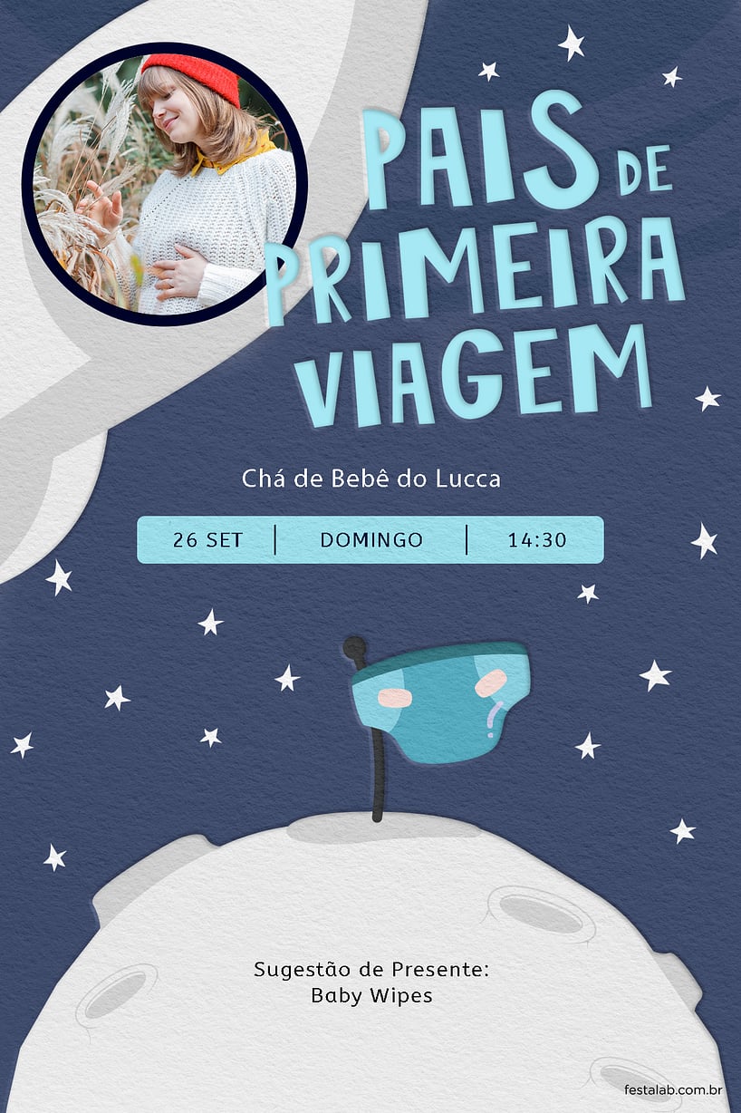 Modelo de Convite de Cha de bebe - Pais de Primeira Viagem escuro Criar convite de Chá de bebê - Pais de Primeira Viagem escuro| FestaLab