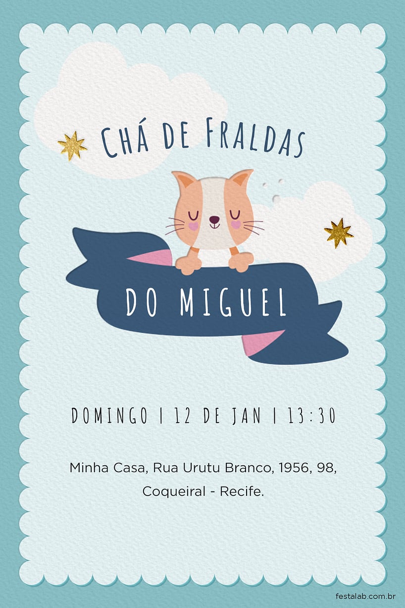 Modelo de Convite de Cha de fraldas - Cha Fraldas gatinho Criar convite de Chá de fraldas - Chá Fraldas gatinho| FestaLab