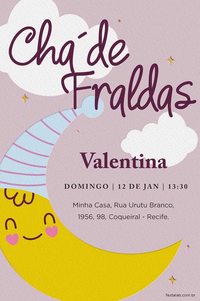 Modelo de Convite de Cha de fraldas - Cha Fraldas lua rosa Criar convite de Chá de fraldas - Chá Fraldas lua rosa| FestaLab