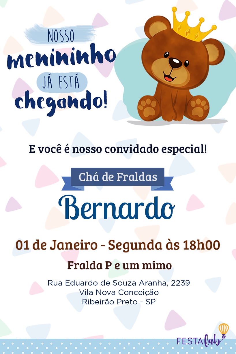 Modelo de Convite de Cha de fraldas - Ursinho Criar convite de Chá de fraldas - Ursinho| FestaLab