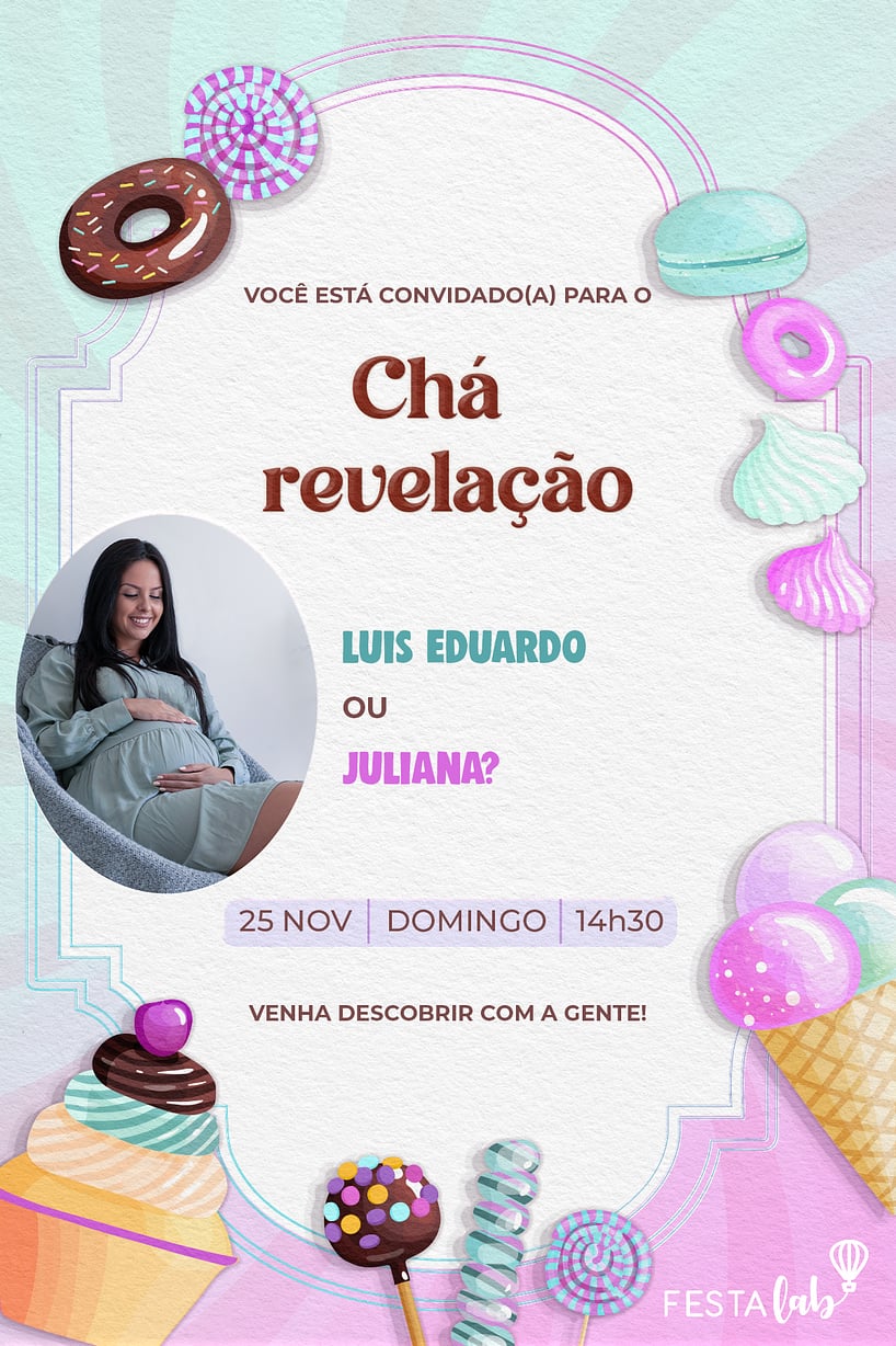 Modelo de Convite de Cha revelacao - Candy rosa revelacao Criar convite de Chá revelação - Candy rosa revelação| FestaLab