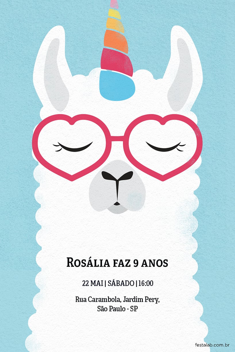 Modelo de Convite de Ocasioes especiais - Lhama unicornio Criar convite de Ocasiões especiais - Lhama unicórnio| FestaLab