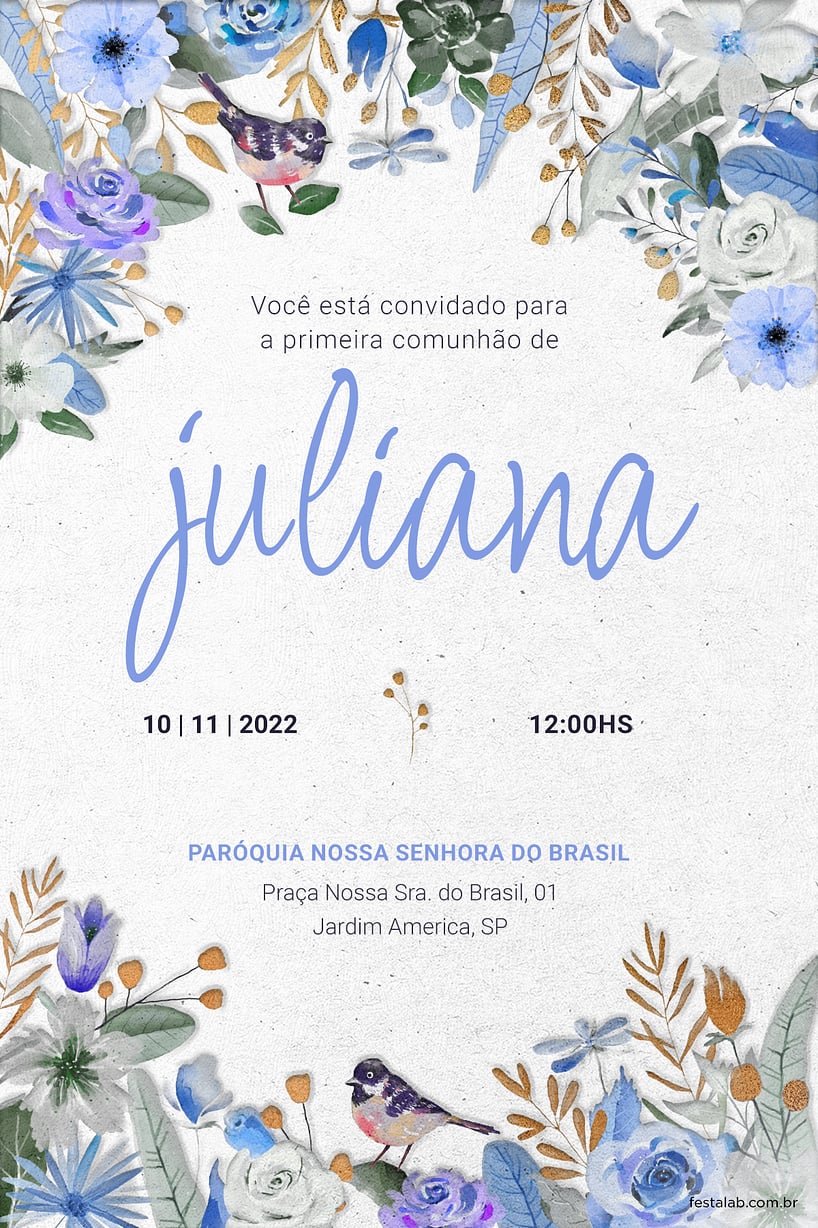 Modelo de Convite de Primeira comunhao - Jardim azul em comunhao Criar convite de Primeira comunhão - Jardim azul em comunhão| FestaLab