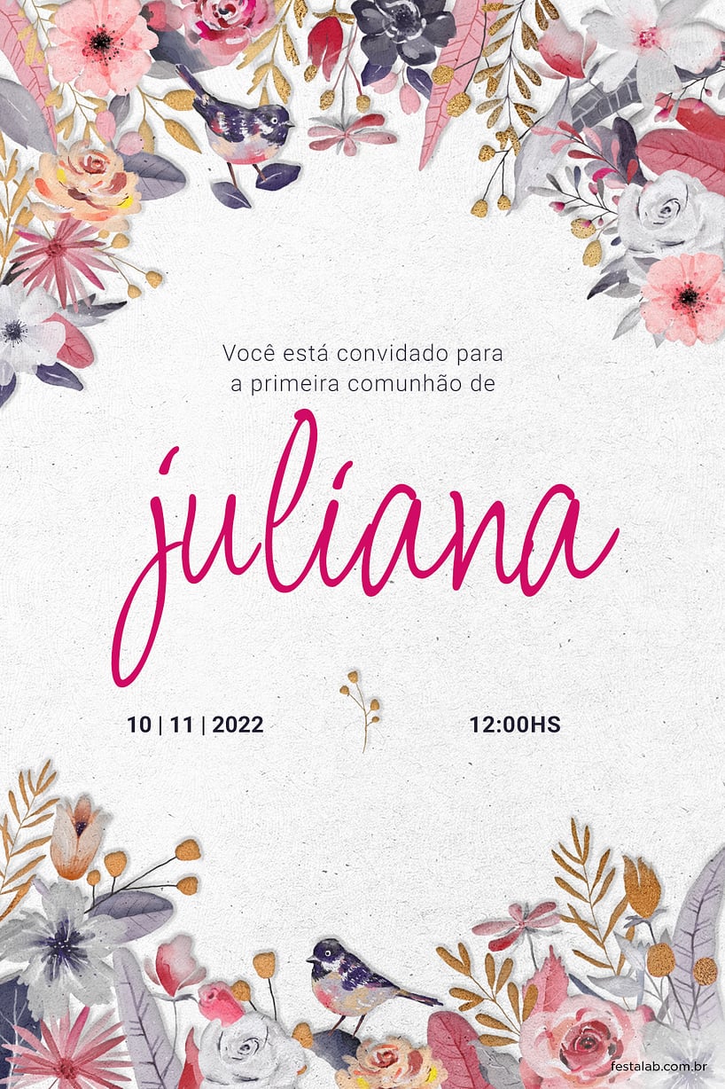 Modelo de Convite de Primeira comunhao - Jardim rosa em comunhao Criar convite de Primeira comunhão - Jardim rosa em comunhão| FestaLab