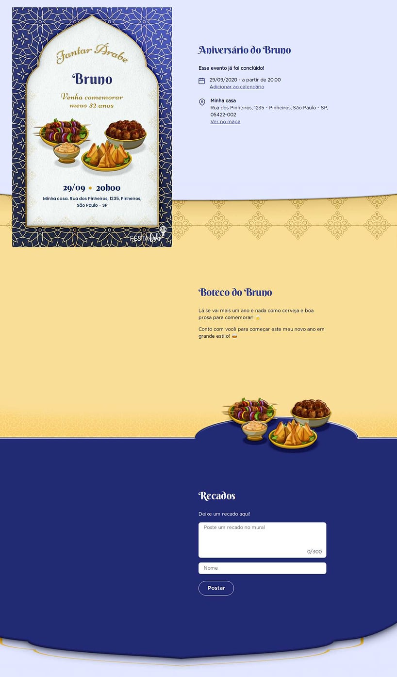 Convite online de aniversário - Jantar Árabe| FestaLab