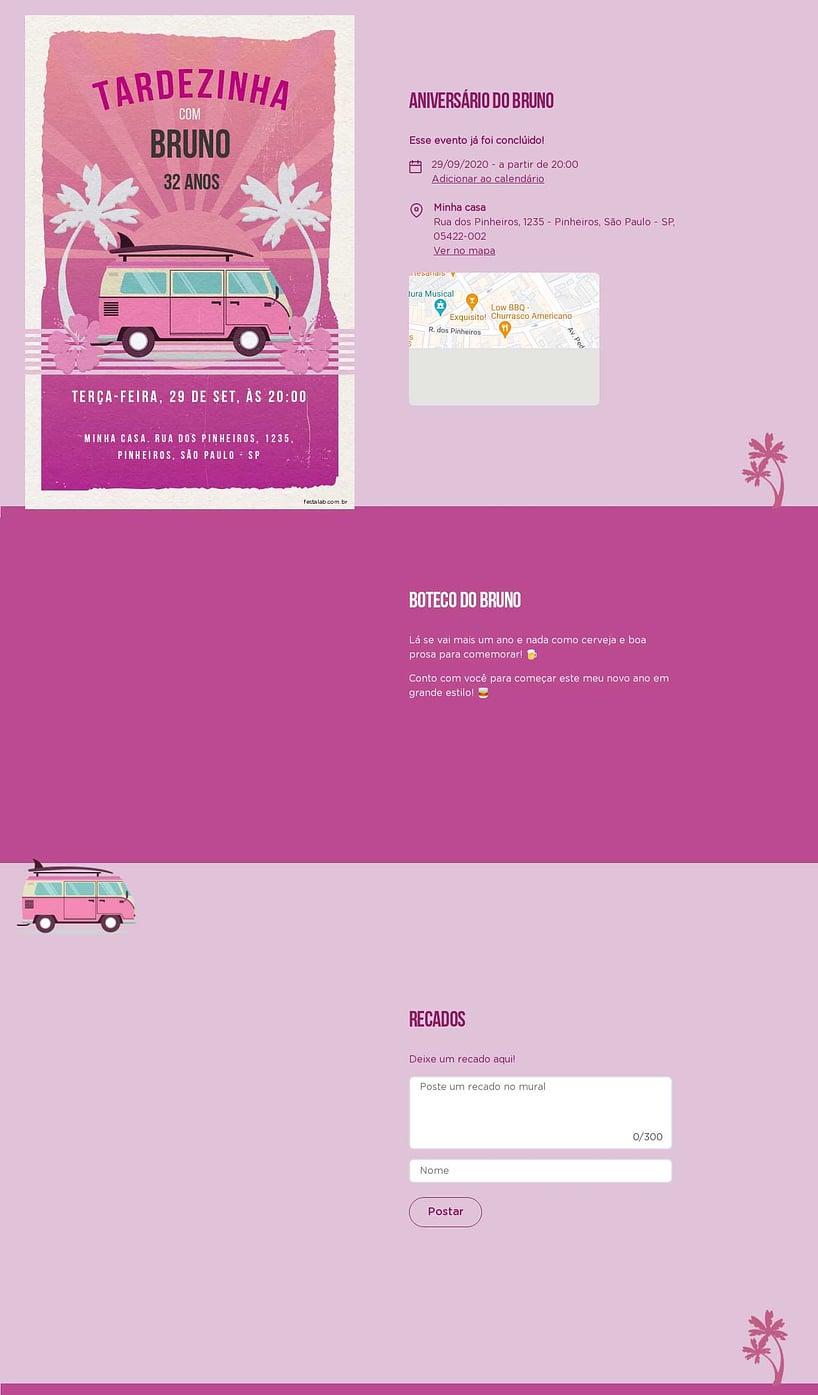 Convite online de aniversário - Aventuras na Kombi: Rosa| FestaLab