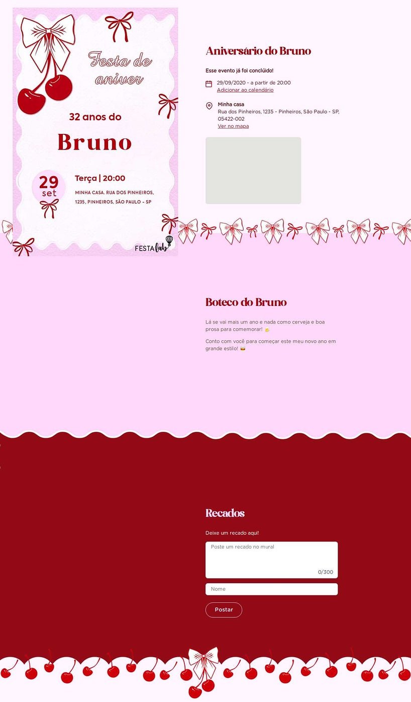 Convite online de aniversário - Lacinho de Cereja| FestaLab