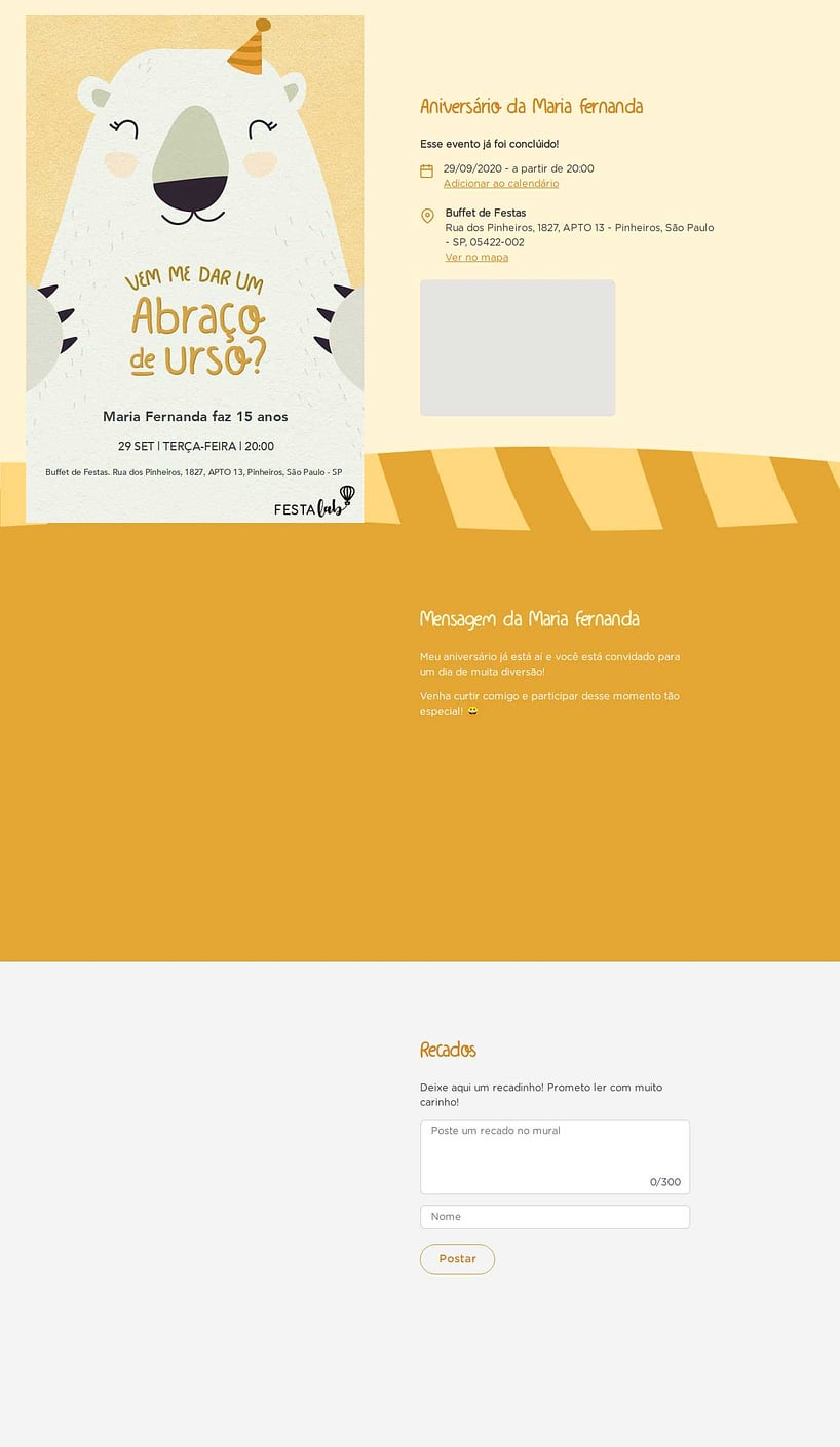 Convite online de aniversário - Abraço de urso amarelo| FestaLab