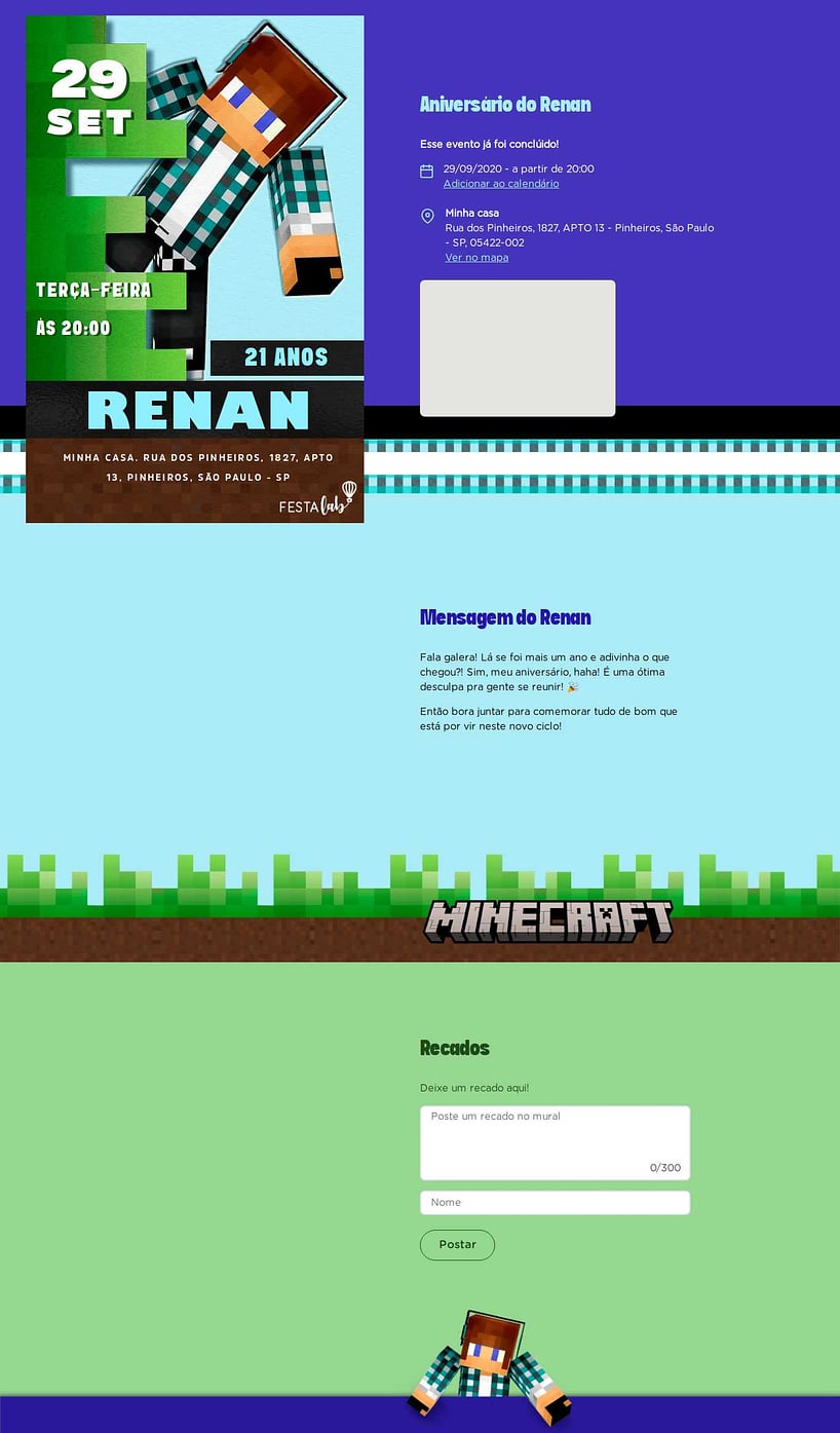 Convite online de aniversário - Aventura no Minecraft| FestaLab