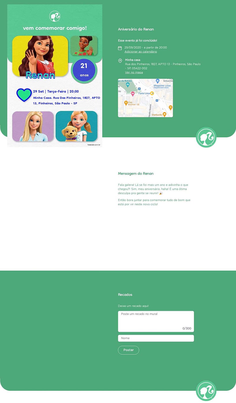 Convite online de aniversário - Barbie Verde| FestaLab
