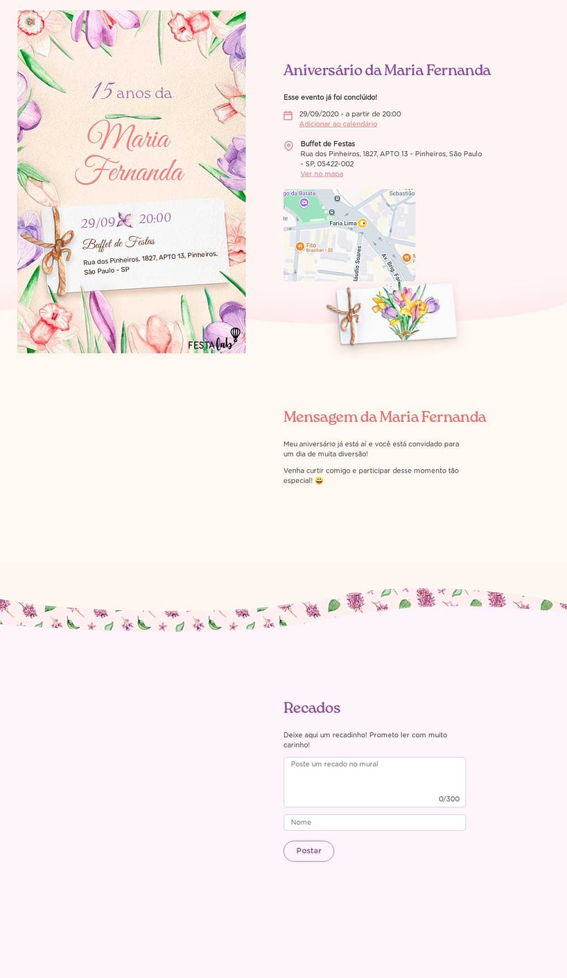 Convite online de aniversário - Bilhete com flores| FestaLab