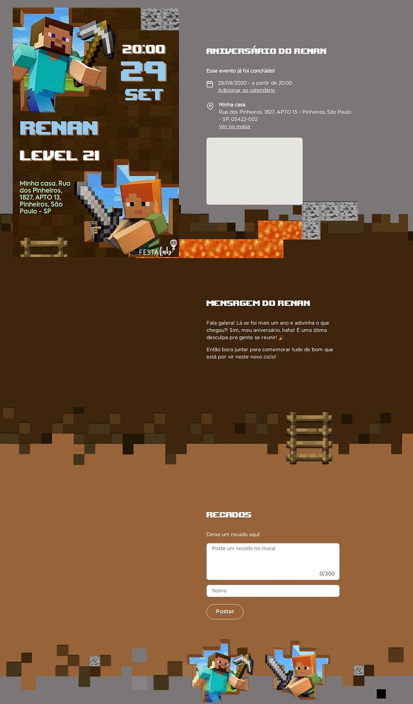 Convite online de aniversário - Caverna Minecraft| FestaLab