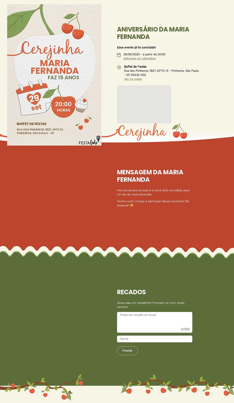 Convite online de aniversário - Cerejinha| FestaLab