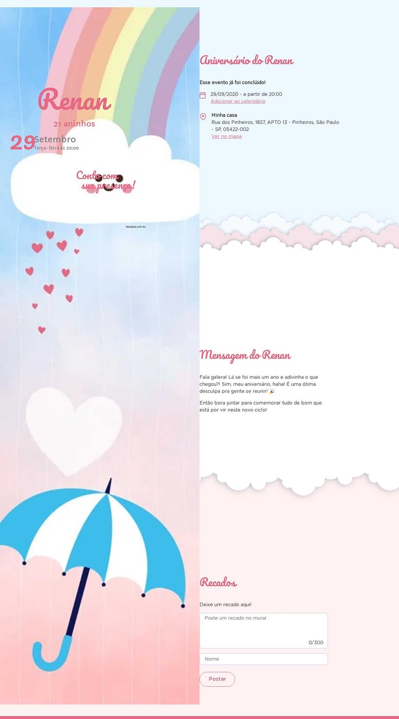 Convite online de aniversário - Chuva de Amor| FestaLab