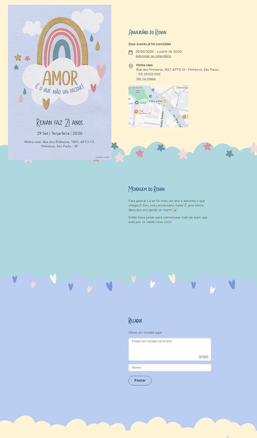 Convite online de aniversário - Chuva de Amor Céu Azul| FestaLab