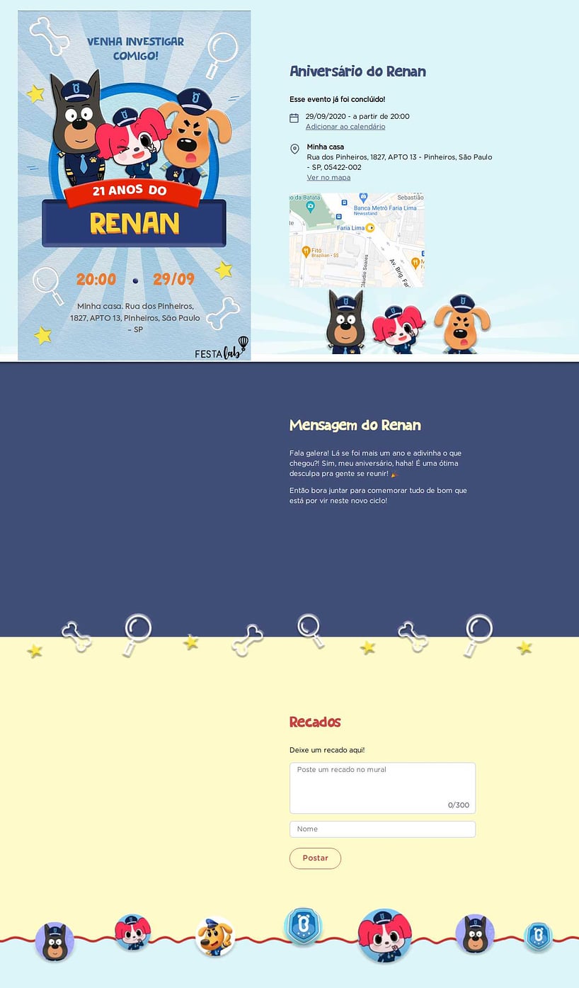 Convite online de aniversário - Detetive Labrador| FestaLab