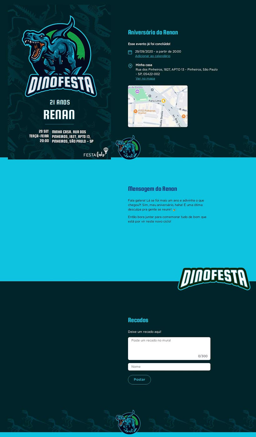 Convite online de aniversário - Dinofesta azul| FestaLab