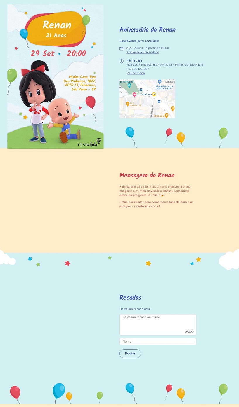 Convite online de aniversário - Festa da Cleo e Cuquin| FestaLab