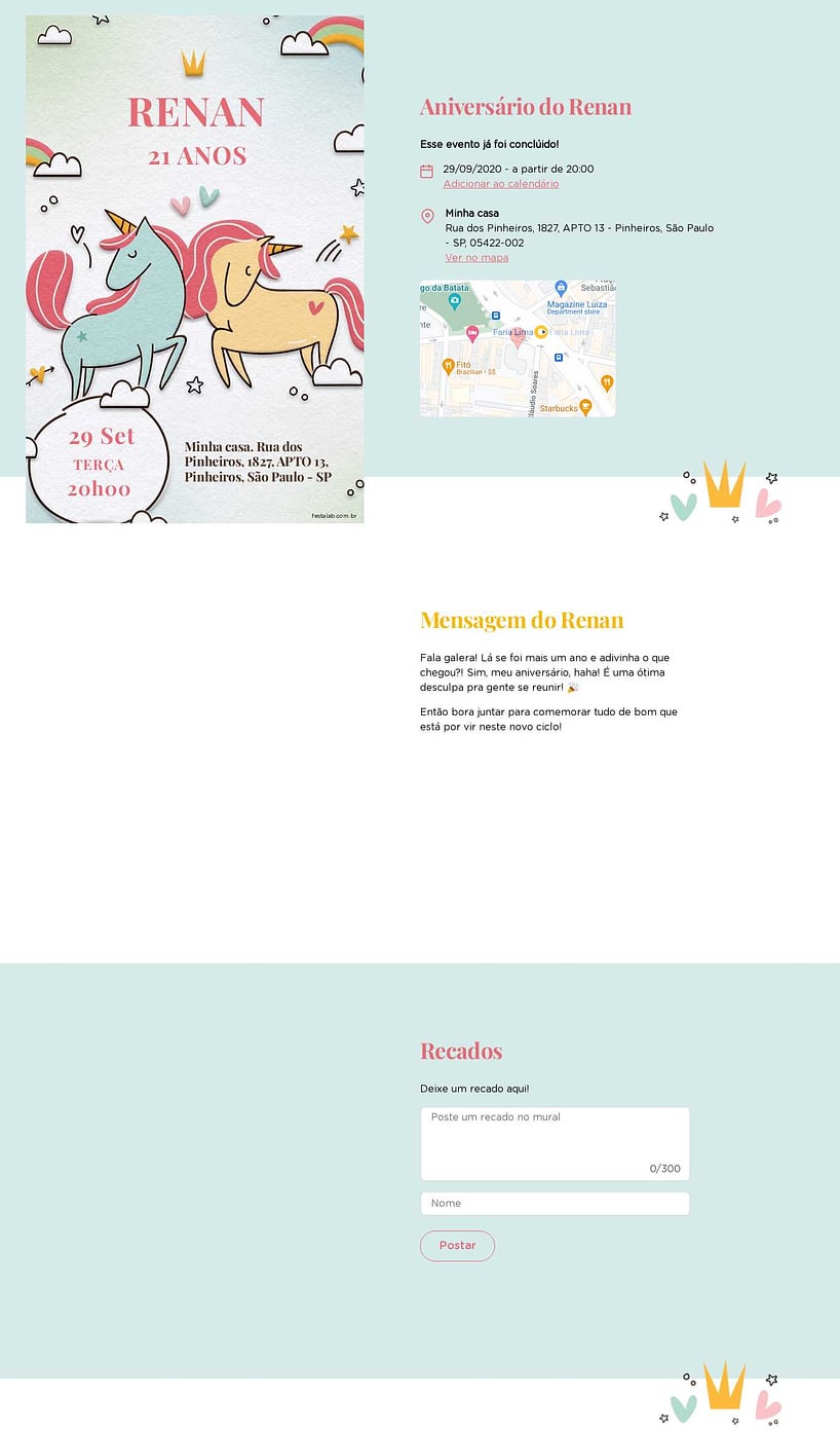 Convite online de aniversário - Unicornio Rosa| FestaLab