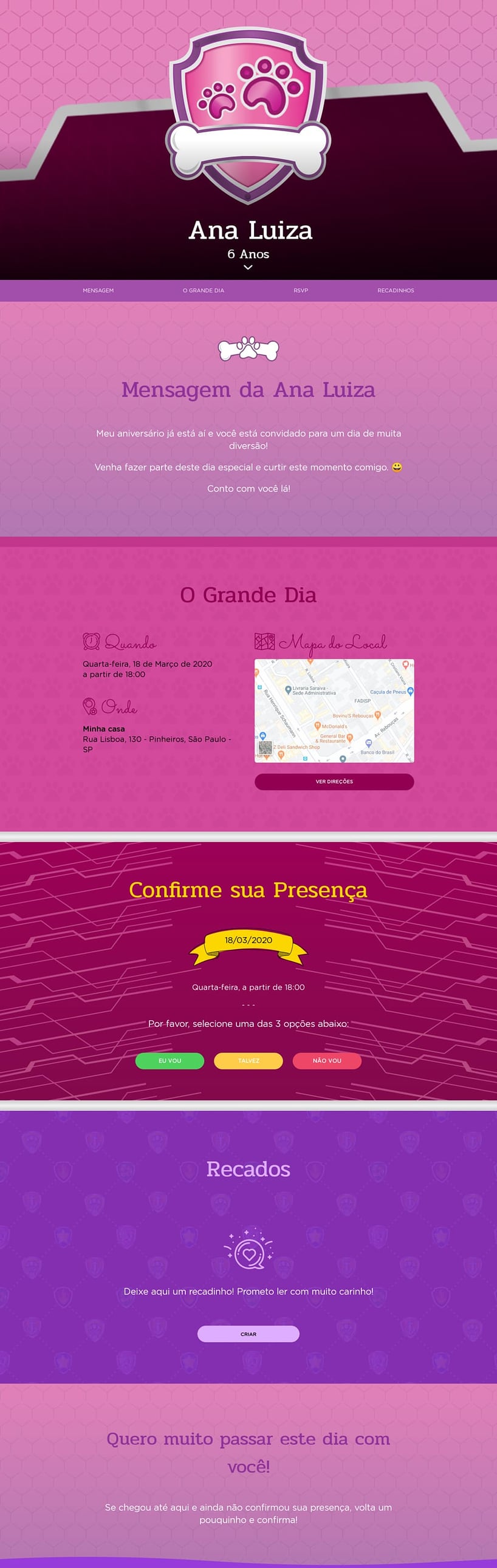 Convite online de aniversário - Patrulha Canina - Rosa| FestaLab